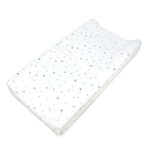American Baby Company Printed 100% Cotton Knit Fitted Contoured Changing Table Pad Cover - Compatible with Mika Micky Bassinet, Gray Stars and Moo...