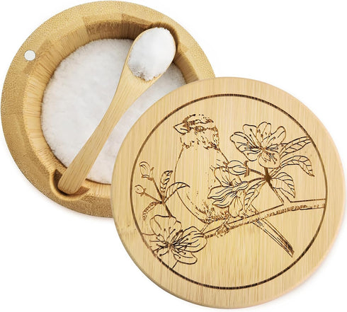 Salt Box Bamboo Salt Container with Lid and Spoon Bird Pattern Cellar with Magnetic Lock Swivel Lid Pepper Sugar Sea Salt Spice Seasoning Holder K...