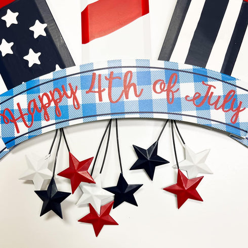 Metal Hanging Americana Fireworks Sign Patriotic Wall Decor American Flag Hanging Metal Star Wreath 4th July Garden Yard Signs Independence Day In...