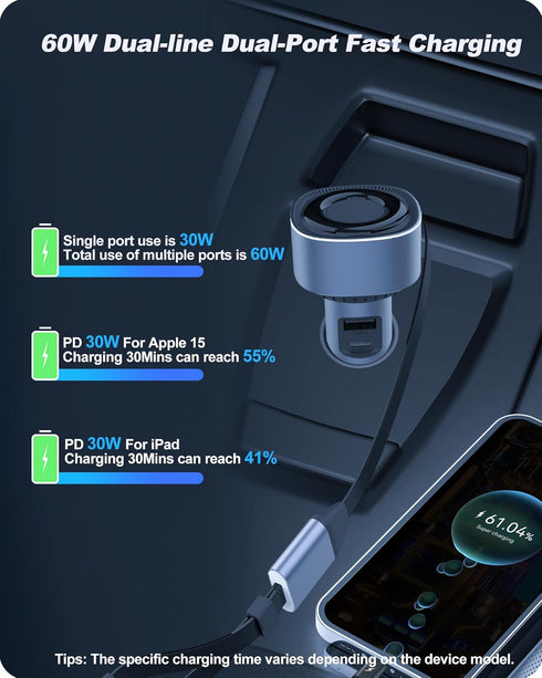 4-in-1 Retractable Car Charger, 60W Ultra-Fast Charging Car Charger, Car Adapter with 40-inch Type C/Lighting Charging Cable, Compatible with iPho...