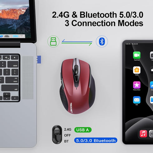 TECKNET Wireless Mouse (2.4G & BT5.0/3.0) Silent Mouse 4800 DPI Computer Mouse 6 Buttons Bluetooth Mouse, USB A Mouse Wide Compatibility - Red...