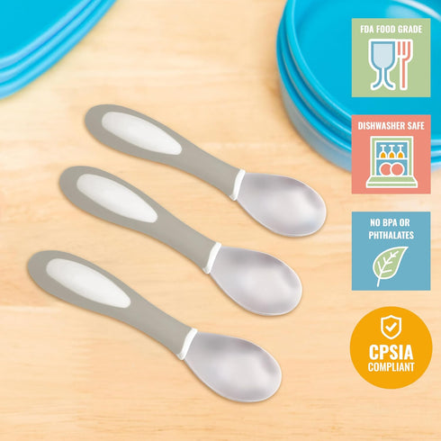 ECR4Kids My First Meal Pal Stainless Steel Spoons, Toddler Silverware, White, Light Grey, 3-Pack...