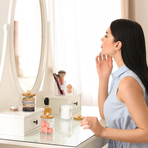 4 Pack Qtip Holder Dispenser with Bamboo Lids - 10 oz Clear Plastic Apothecary Jar Containers for Vanity Makeup Organizer Storage - Bathroom Acces...