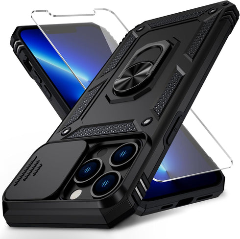 for iPhone 13 Pro Max Case with Slide Lens Cover, HD Screen Protector, Military Grade Drop Protection, Magnetic Rotated Ring Holder Kickstand Phon...