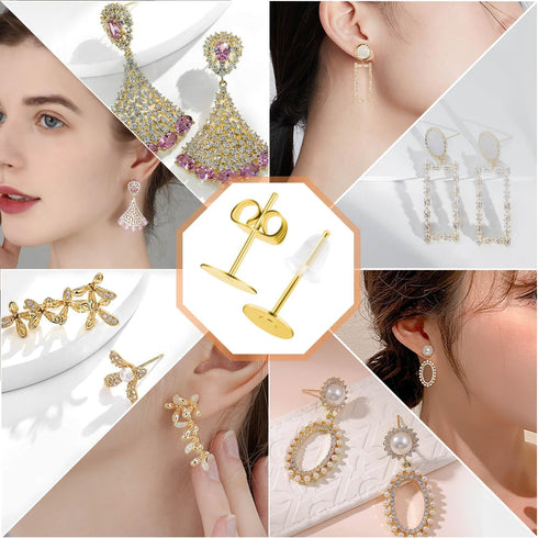 Earring Posts Stainless Steel, Flasoo 1200Pcs Hypoallergenic Earrings Posts and Backs, Gold Flat Pad Ear Ring Studs with Clutch for Earring Making...