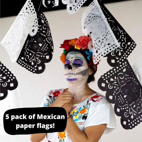 Dia de Los Muertos Decorations, Day of The Dead Banner, Black Mexican Banner 5 Pack|Tissue Paper|White and Black Skulls...