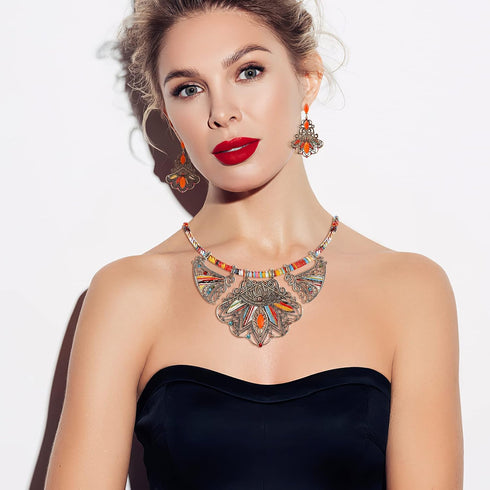 TENDYCOCO Bohemian Necklace Earring Set Ethnic Choker Necklace Chunky African Statement Jewelry Sets for Women...
