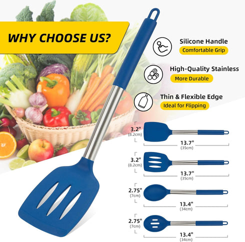 4 Pack Silicone Utensils Set, Non Stick Solid Spatulas, Heat Resistant Blue Slotted Spoons with Stainless Steel Handle, BPA Free Cooking Turner fo...