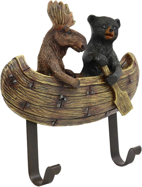 Ebros Whimsical Forest Creek Buddies Rustic Black Bear and Elk Moose Rowing Boat Canoe 2 Pegs Wall Hooks 7" Wide Hanger Bears Deers Elks Wall Moun...