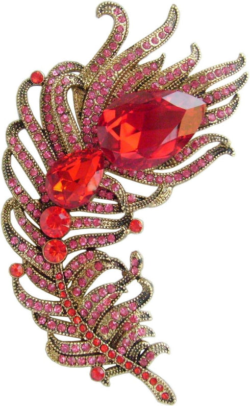 Zeepoffine 4.33" Rhinestone Crystal Peacock Feather Brooch Pin Pendant BZ5038 (Gold-Tone Red)...