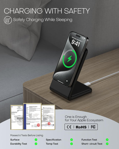 for Apple Mag-Safe Charger Stand, Magnetic Wireless Charger with Fast Charging Capability for iPhone 15/14/13/12 (with 20W Adapter, 5Ft Cable) - B...