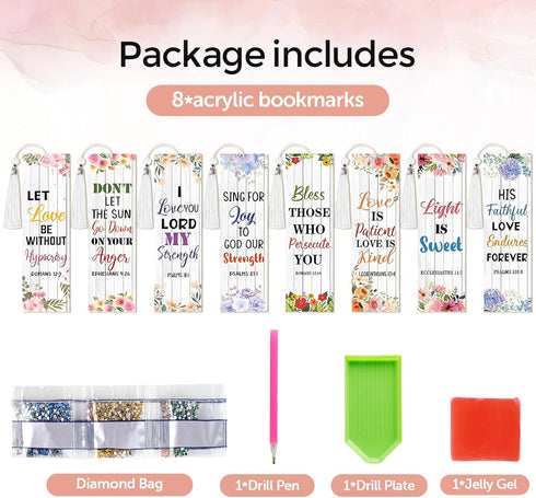 8 Pieces Christian Bible Verse Diamond Art Bookmarks 5d Diamond Art Bookmark Christian Beaded Bookmark Acrylic Tassel Bookmark for DIY Making Begi...