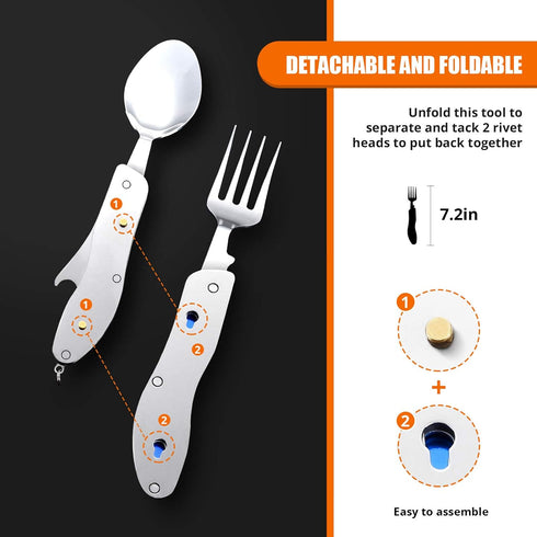 HIKENTURE Camping Utensils 2 Pack,4-in-1 Stainless Steel Spoon, Fork, Knife, and Bottle Opener Combo - Lightweight and Portable Travel Eating Silv...