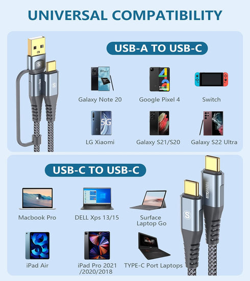 USB-C to USB-C Cable 10FT PD 100w iPhone 15 Charger 2 in 1 USB A/C to USB-C Nylon Braid Cord for iPhone 15 Pro Max iPad Pro Air MacBook Samsung Ga...