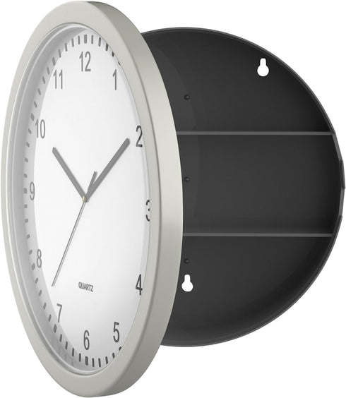 Wall Clock Safe - 10-Inch Battery-Operated Analog Timepiece with Hidden Shelf Storage for Secret Compartment Items and More by Stalwart (Silver/Wh...