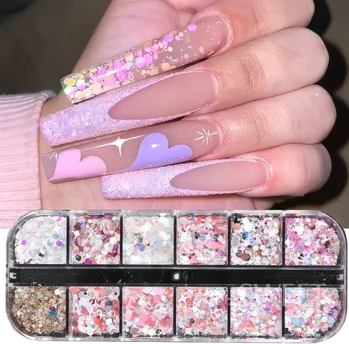 12 Grids Nail Art Glitter Sequins, Holographic Hexagon Chunky Nail Glitter Shiny Heart Mermaid Nail Flakes Sequins Nail Art Supplies Hexagon Nail ...