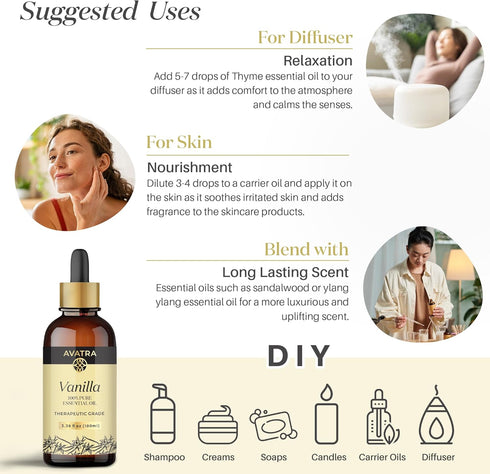 Avatra Vanilla Essential Oil for Diffuser, Skin, & Aromatherapy | Natural & Undiluted Oil for Soap & Candle Making | Long Lasting Scent- 3.38 Fl O...