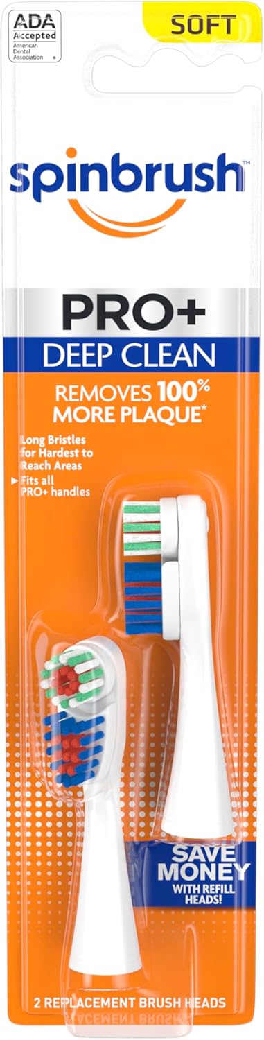 Spinbrush ARM & HAMMER PRO+ Deep Clean REFILLs– Battery Powered Toothbrush Removes 100% More Plaque- Soft Bristles -Two Replacement Heads (Packing...
