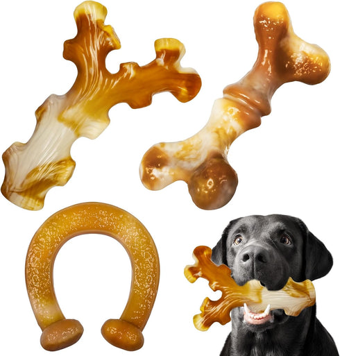Apasiri Dog Toys, 3-Pack Indestructible Dog Chew Toys for Aggressive Chewers, Bacon Flavored Tough Dog Bones Chew Toys for Super Chewer, Tough Dog...