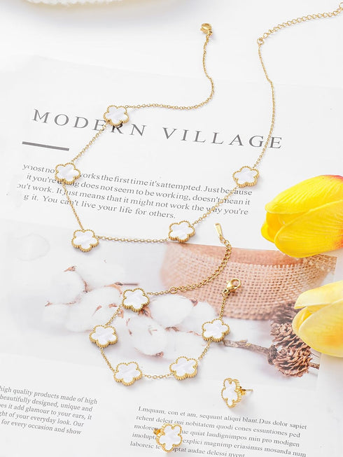 Four Leaf Clover Necklace Bracelet and Stud Set for Women Lucky Flower Gold Plated Jewelry...