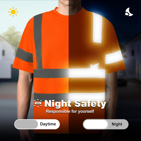 Hi Vis Safety Shirts for Men, Reflective Work Shirts with Sewing Process Reflective Tapes, Class 3 High Visibility Shirts for Men with Pocket, Ora...