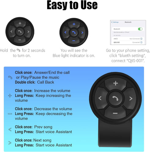 Bluetooth Media Button Steering Wheel Wireless Remote Control for Car Bike Motorbike Boat IPX6 Waterproof Compatible for iPhone Samsung Galaxy Any...
