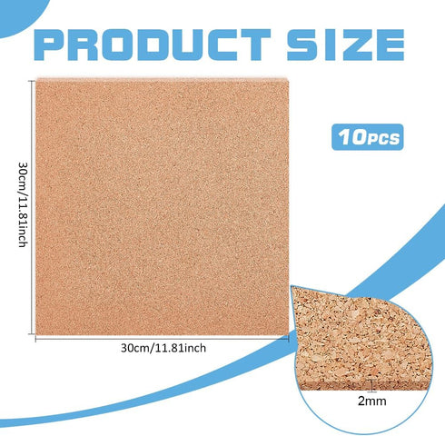 BENECREAT 10 PCS Cork Board, 12x12 Inch Square Cork Coasters, 2mm Thick Sand Brown Cork Sheet, Insulated Cork Sheet for Bulletin Boards, Wall Deco...