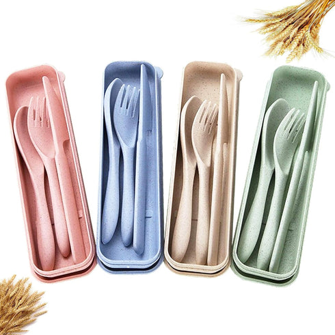 4 Sets Wheat Straw Cutlery,Portable Travel Spoon Fork Knife,Reusable Eco-Friendly BPA Free Utensils for Kids Adult Travel Picnic Camping(Green,Bar...