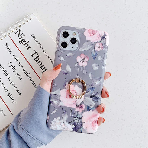 Qokey Compatible with iPhone 11 Case 6.1 inch,Floral Cute Clear for Men Women Girls with 360 Degree Rotating Ring Kickstand Soft TPU Shockproof Co...