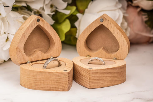 Strova Heart Shaped Wooden Ring Box for Wedding Rings – Set of 2 with Engraved Mr. & Mrs. Lettering – Ring Bearer Box for Display or Personal Orga...