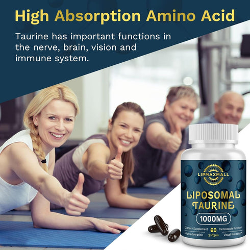 Liposomal Taurine Supplement 1000mg, High Absorption Amino Acid for Heart, Nerve, Brain, Visual, Longevity & Muscle (60 Softgels - 1 Pack)...