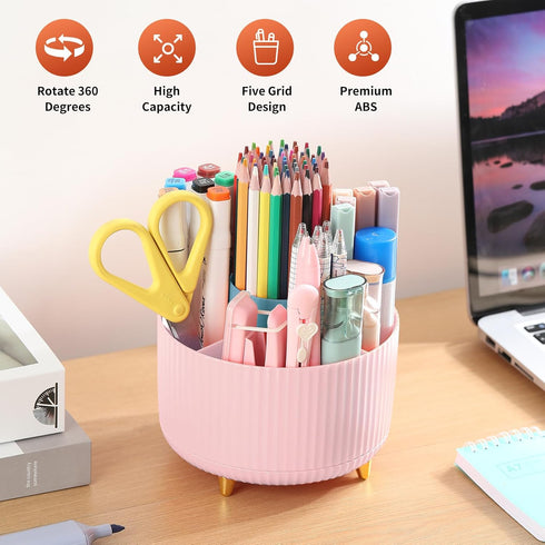Desk Pencil Pen Holder, 5 Slots 360°Degree Rotating Pencil Pen Organizers for Desk, Desktop Storage Stationery Supplies Organizer, Cute Pencil Cup...