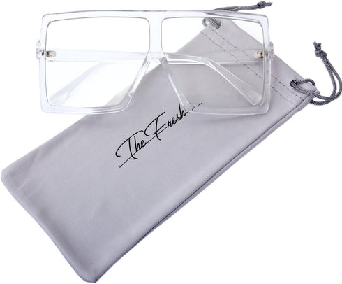 The Fresh Large Oversized Fashion Square Flat Top Sunglasses with Gift Box (4-Shiny Crystal, Clear/AR Coating)...