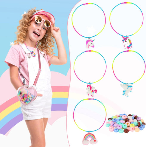 FLYINGSEEDS Unicorn Jewelry Making Kit, 5 Rubber Necklaces and Charms with 100 Big Holes Beads Toy Set, Beading Arts and Crafts, Ideal Gifts for G...