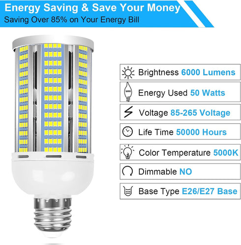 2 Pack 400W Equivalent LED Corn Light Bulb 6000 Lumen Led Corn Bulb 50W Super Bright 5000K Daylight White E26/E27 Base LED Light Bulb for Home Gar...