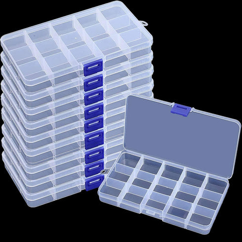 10 Pack 15 Grids Plastic Bead Organizer Containers Storage, Adjustable Dividers Diamond Jewelry Craft Painting Storage Case, Clear Small Fishing T...