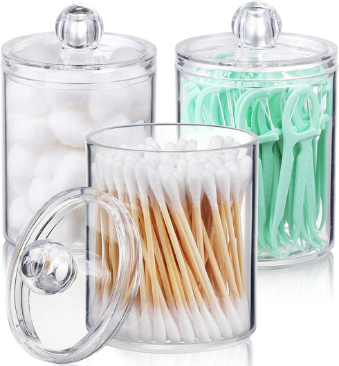 AOZITA 3 Pack Qtip Holder Dispenser for Cotton Ball, Cotton Swab, Cotton Round Pads, Floss - 10 oz Clear Plastic Apothecary Jar Set for Bathroom C...