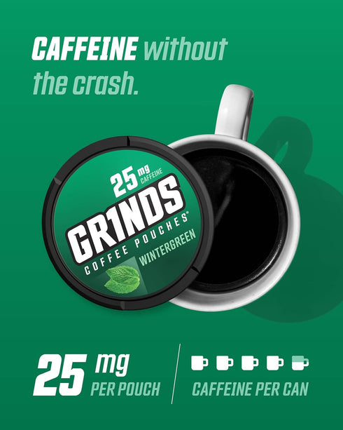 Grinds Coffee Pouches | Tobacco Free, Nicotine Free Healthy Alternative | 3 Cans of Wintergreen | 18 Pouches Per Can | 1 Pouch eq. 1/4 Cup of Coff...
