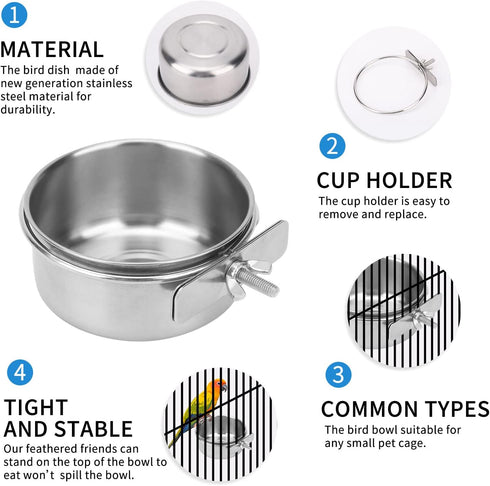 2pcs VVNIAA Stainless Steel Bird bowls, Durable Bird Water Bowl, Bird Feeding Cups, Chinchilla Food Bowl, Bird Dishes for Cage, Bird Cage Feeders ...