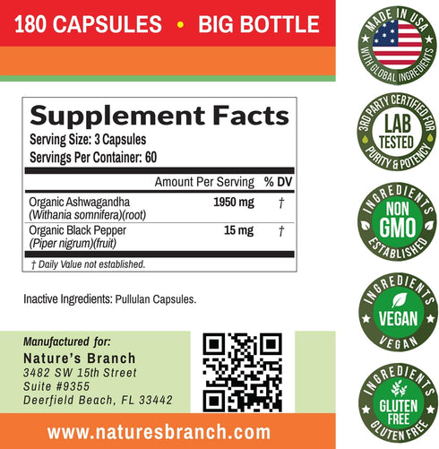 UDAF Certified Organic Ashwagandha with Black Pepper - 180 Capsules - 1965mg Extra Strength for Stress, Sleep, Mood, Thyroid, Focus, Hair, Vegan P...