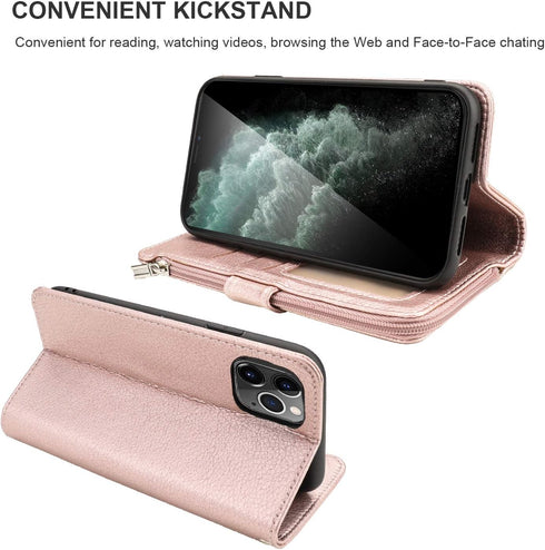 KIHUWEY Compatible with iPhone 12 Pro Max Wallet Case Premium Leather Zipper with Card Holder and Wrist Strap,Kickstand and Protective Lanyard Pur...