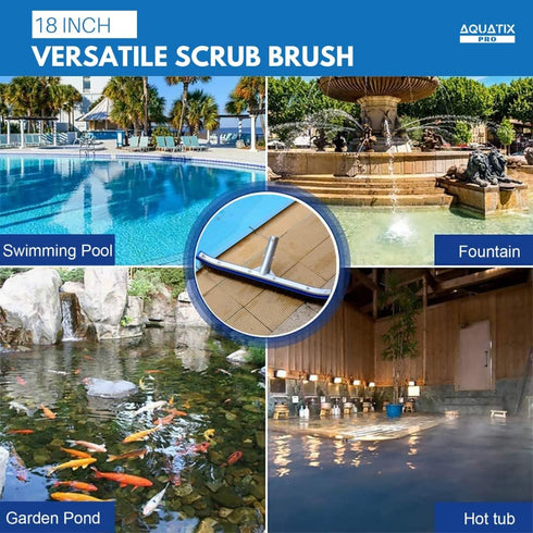 Aquatix Pro Pool Brush Head, 18" Heavy Duty for Cleaning Walls & Floors, Stainless Steel Bristles, Reinforced Aluminum Back, Curved Ends for Corne...