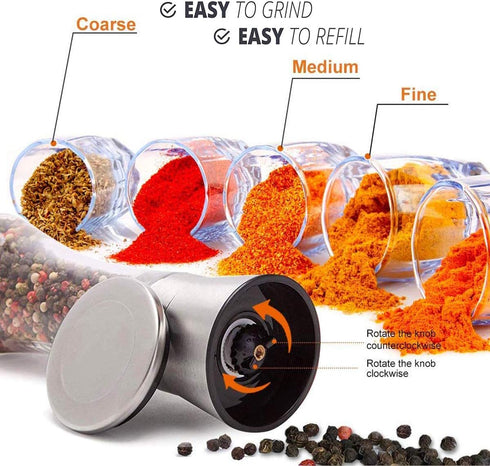 Pepper Grinder or Salt Grinder, Best Spice Mill with Ceramic Blades, Adjustable Coarseness, Brushed Stainless Steel Cap, and Refillable Tall Glass...
