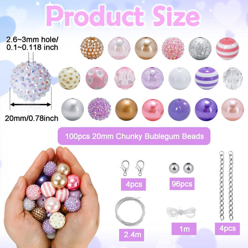 100pcs Bubblegum Beads 20mm Chunky Beads Large Gumball Rhinestone Pearl Beads with 96pcs Tiny Round Spacers, Extender Chains, Beading Wire (Pink &...