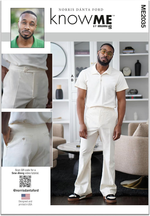 Know Me Men's Short Sleeve Polo Shirt and Slim Fit Bell Bottom Pants Sewing Pattern Kit, Design Code ME2035, Sizes 34-36-38-40-42...