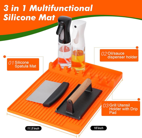 3 in 1 Grill Side Shelf Mat, Large Grill Tool Mat, Heat Resistant Silicone Spatula Mat, Silicone Utensil Rest with Drip Pad for Kitchen, Stovetop,...
