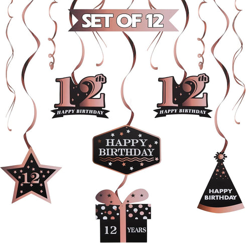 LINGTEER Happy 12th Birthday Decorations - 12Pcs Birthday Black & Rose Gold Swirls Streamer Set,Cheers to Twelve Years Old Bday Party Decorations ...