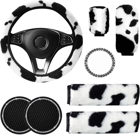 LUOYOYY 8 Pack Cute Cow Print Plush Fluffy Steering Wheel Covers Set with Fluffy Gear Shift Cover & Handbrake Cover & Fuzzy Seat Belt Pads & Car C...