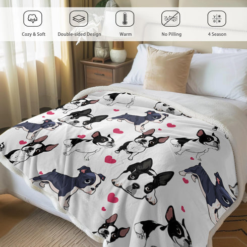 BlessLiving Boston Terrier & Frenchie Dog Plush Blanket - Red Heart Cute Puppy Dog Cozy Fleece Throw for Kids, Girls & Women - White - 50 x 60 Inc...