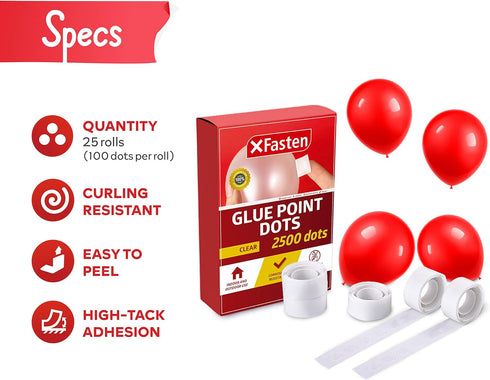 XFasten Balloon Glue Point Dots Clear, Removable, 2500 Pcs (25 Rolls), Balloons Arch Tape Adhesive | Craft Tape Dots for Party Balloons, Birthday,...